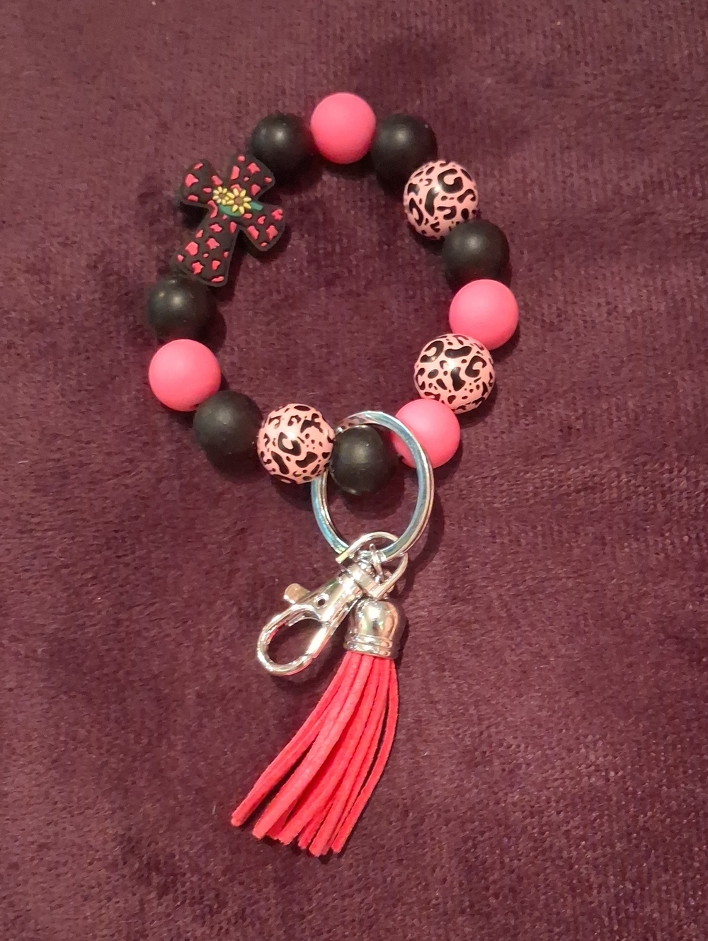 Pink & Black Beaded Cross Keyring Bracelet with Tassel